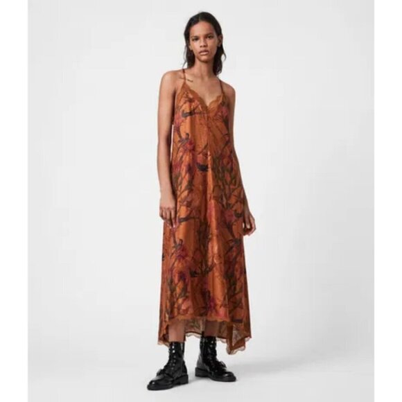 💕ALLSAINTS Seinie Nolina Slip Dress  Cinnamon Brown Floral Bird Print US 0 NWOT - Picture 2 of 16